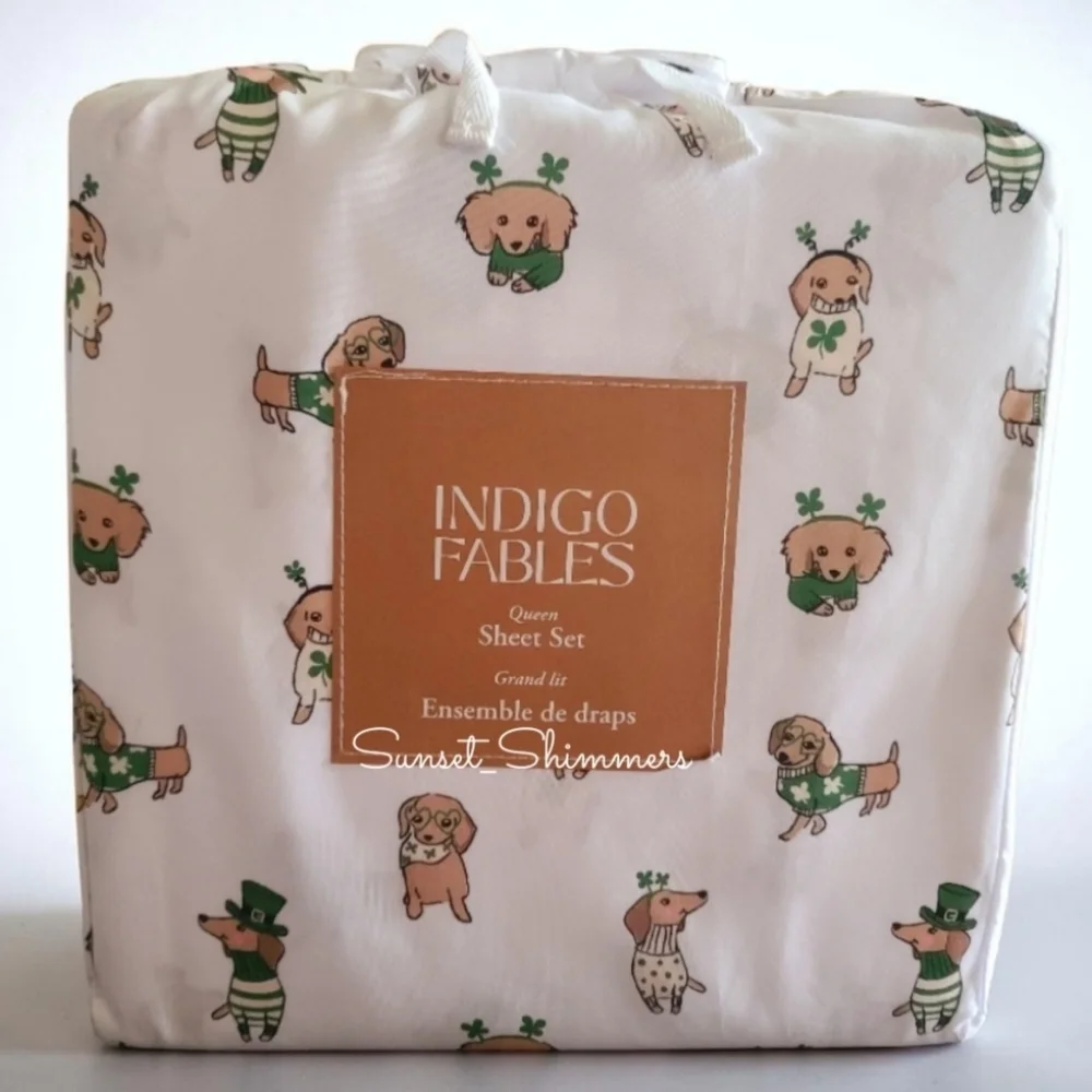 St Patricks Day Dachshund DOG Weiner Doxie Lucky Clover Queen Bed Sheet Set New